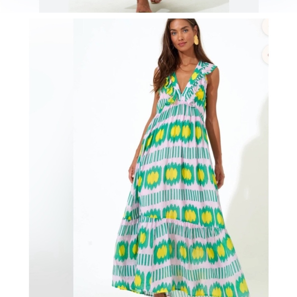 Oliphant V-Neck Maxi Dress Size S 100% Cotton, Ikat Lilac